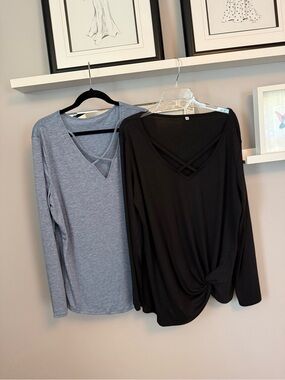 Two Long Sleeve V-Neck Crisscross Top - Black and Bue